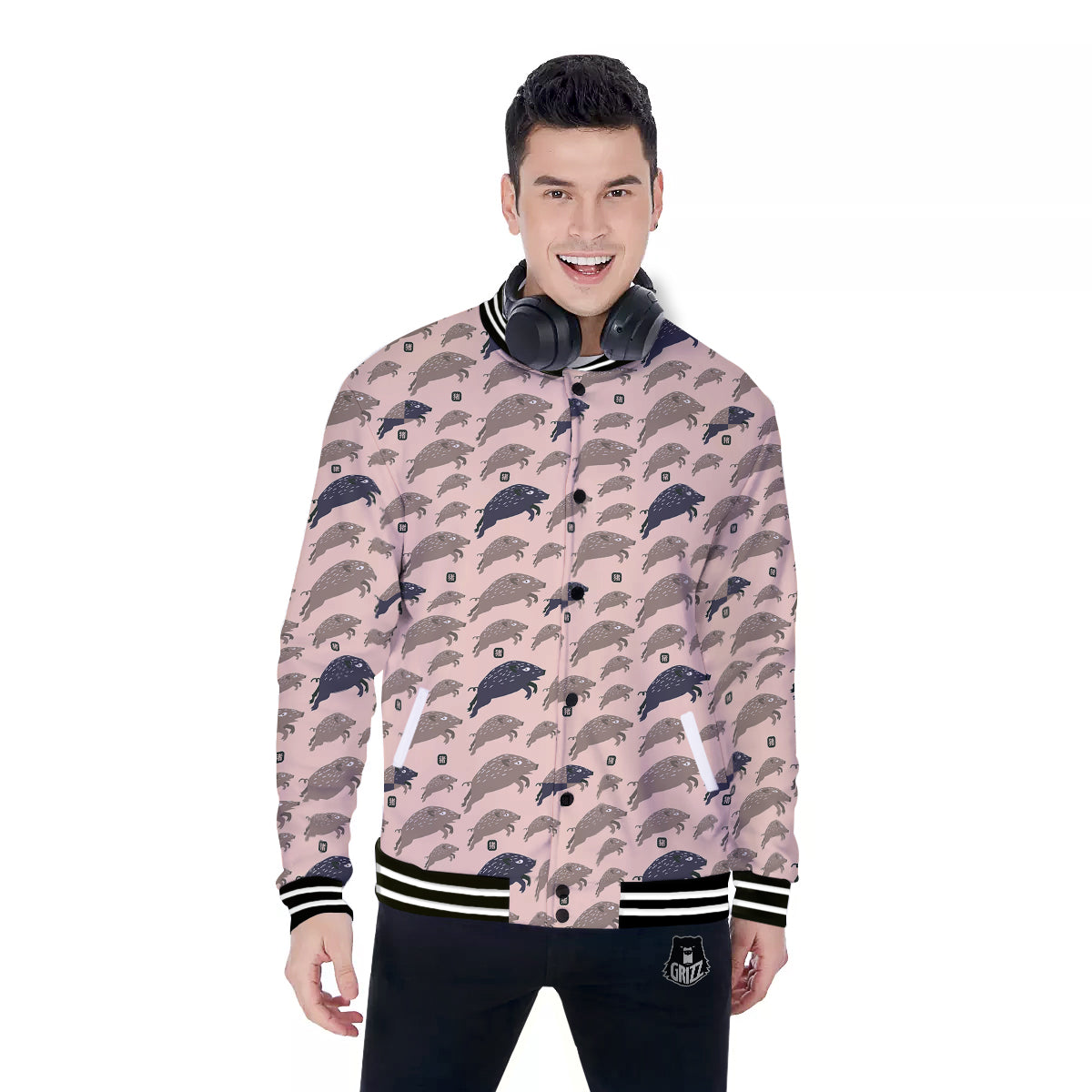 Boar Jumping Print Pattern Baseball Jacket-grizzshop