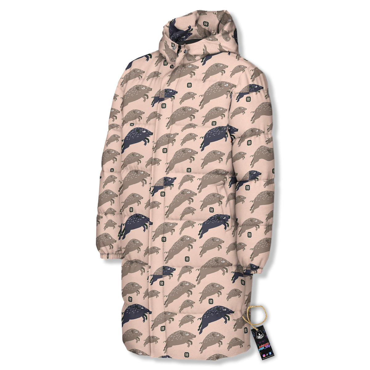Boar Jumping Print Pattern Long Down Jacket-grizzshop
