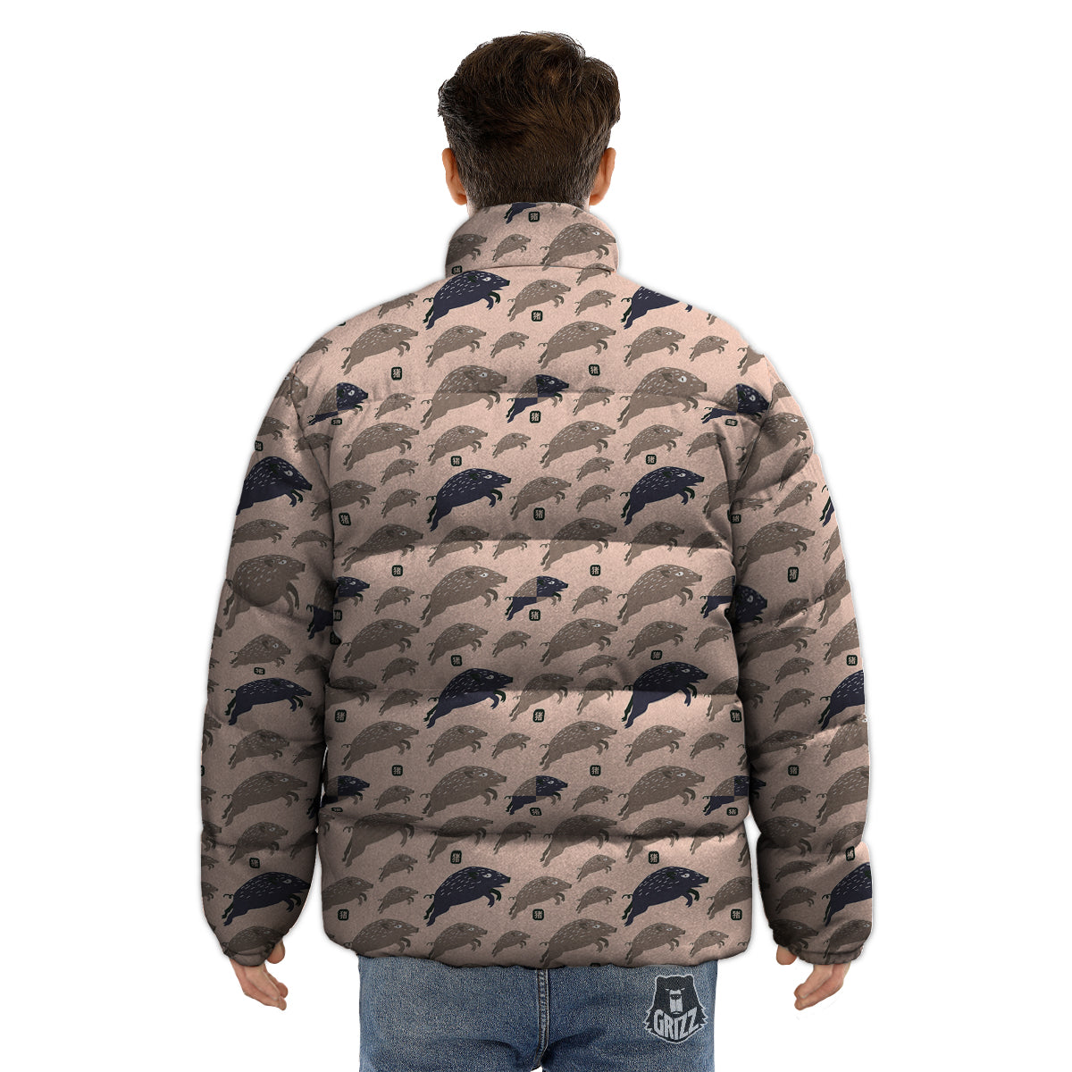 Boar Jumping Print Pattern Puffer Jacket-grizzshop