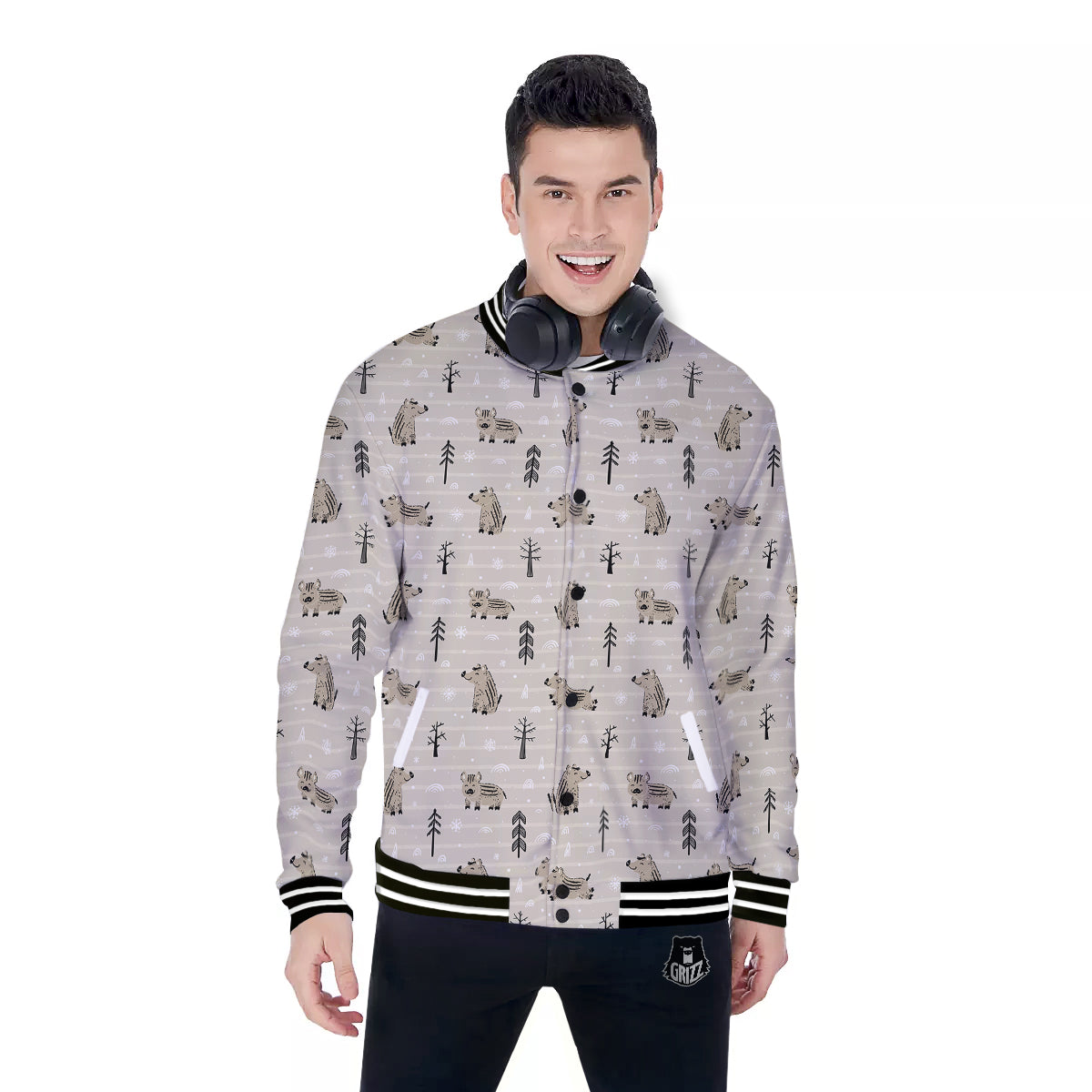 Boar Striped Print Pattern Baseball Jacket-grizzshop
