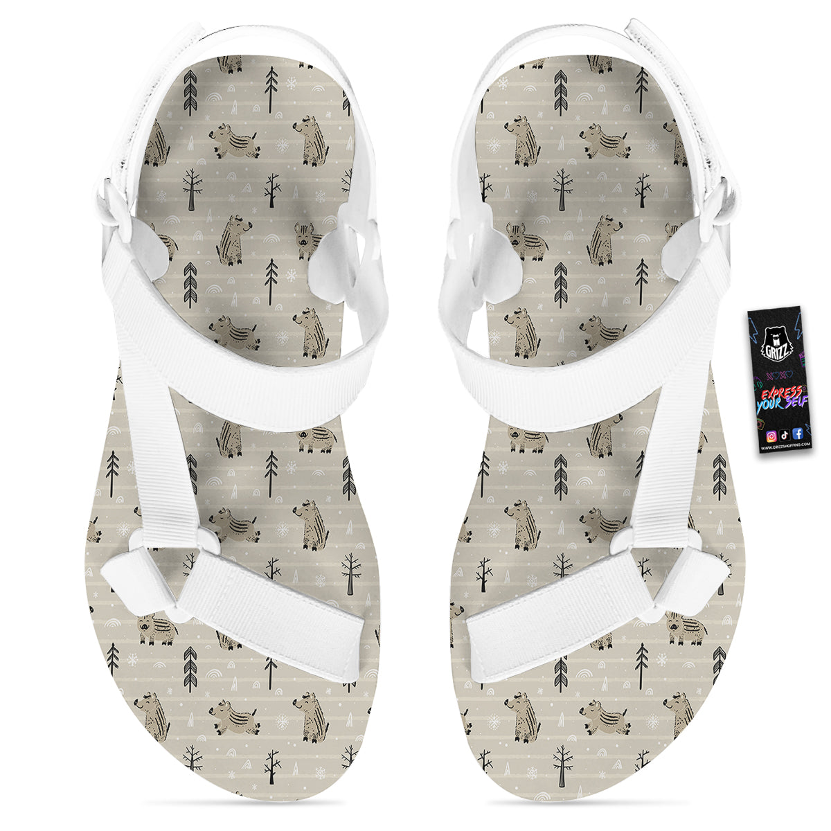 Boar Striped Print Pattern White Open Toe Sandals-grizzshop