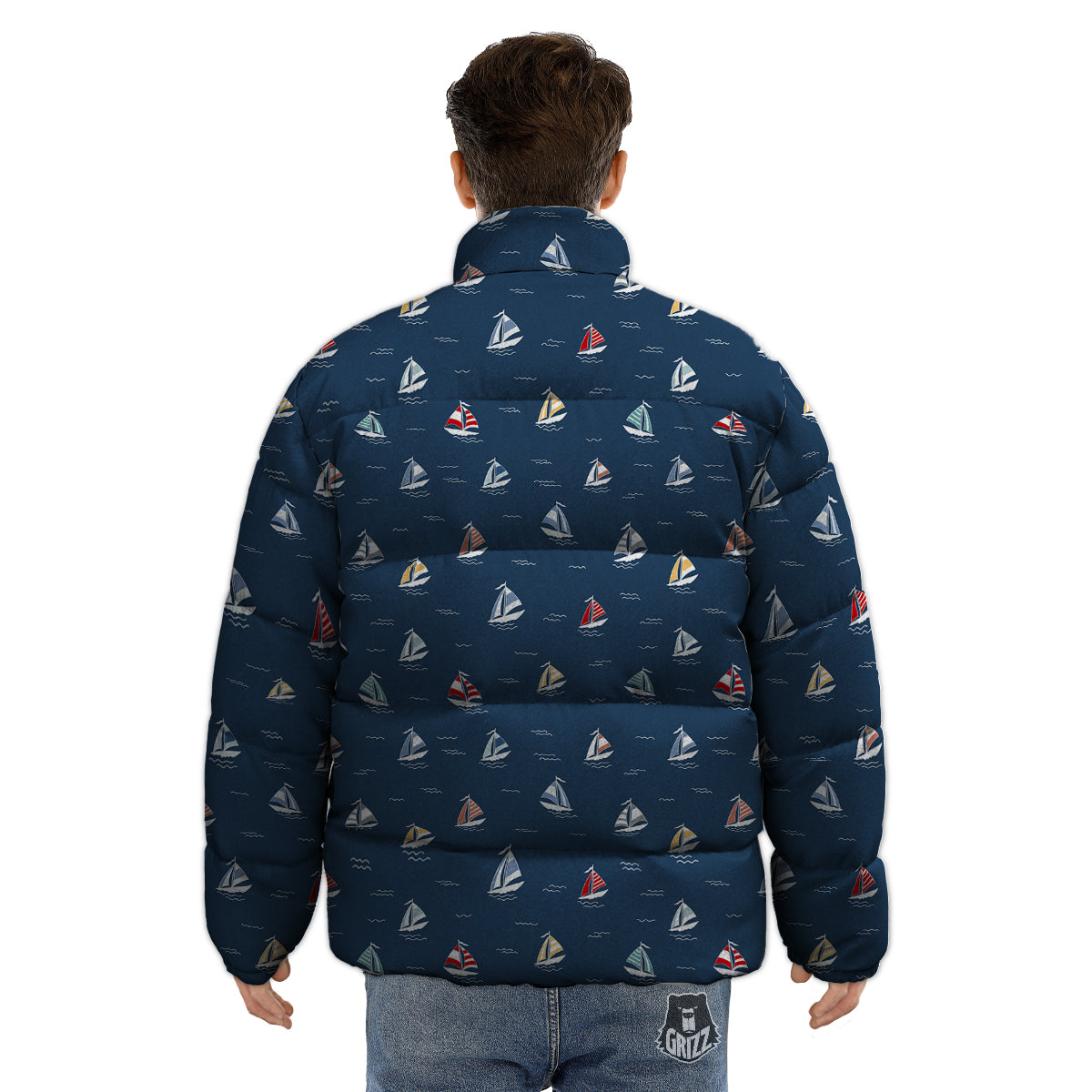 Boat Colorful Print Pattern Puffer Jacket-grizzshop
