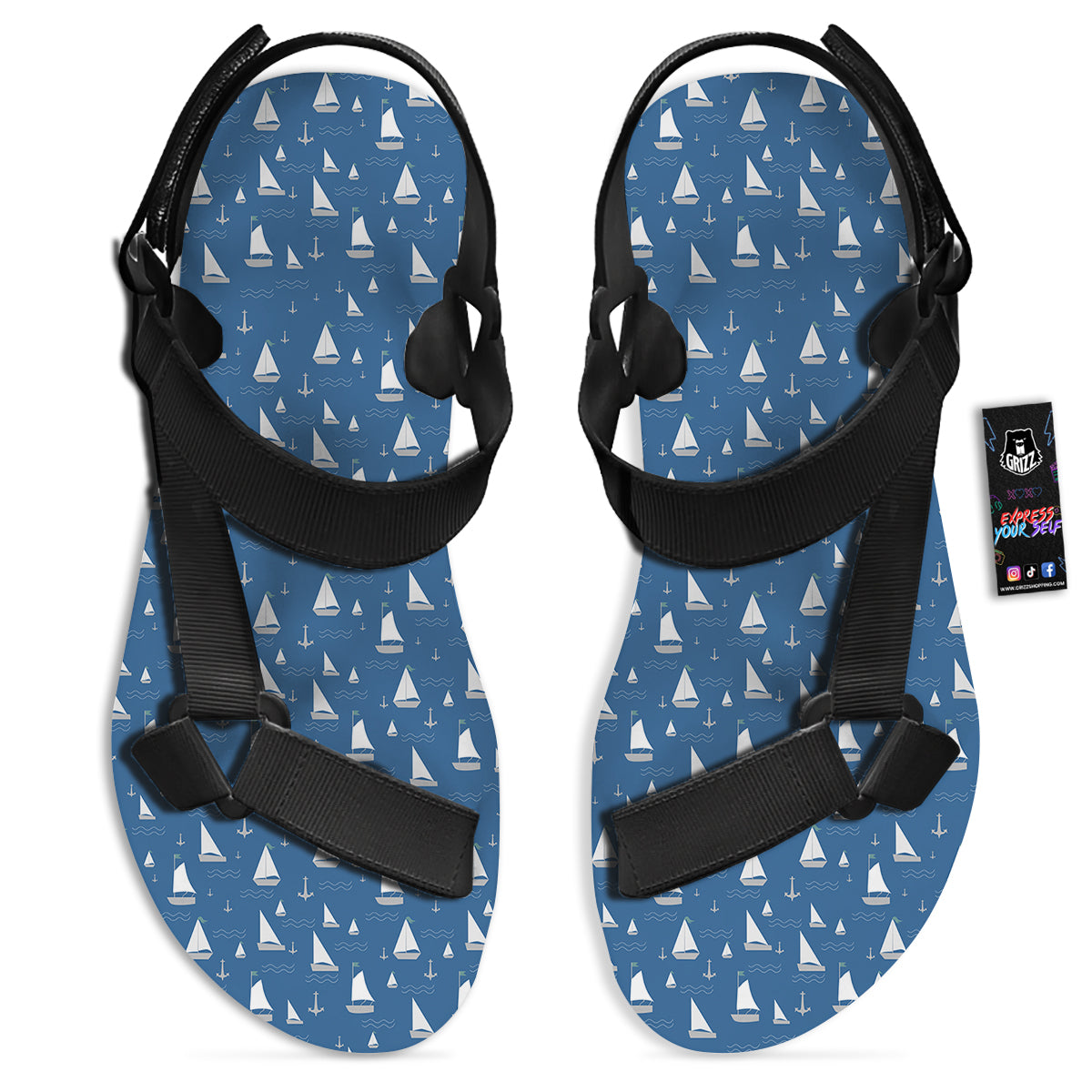 Boat Drawing Print Pattern Black Open Toe Sandals-grizzshop