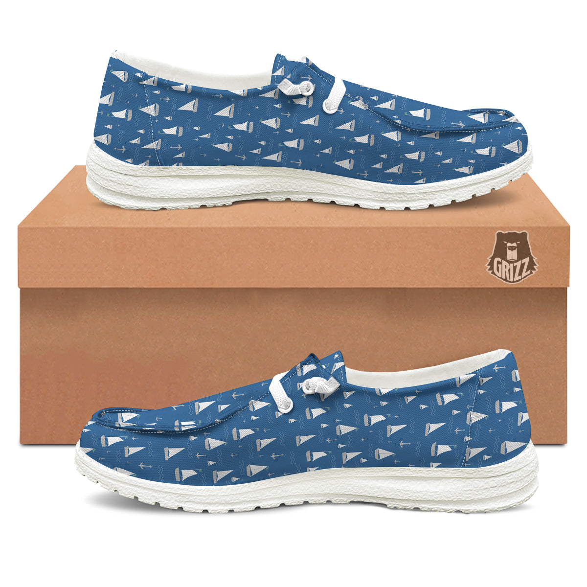 Boat Drawing Print Pattern White Loafers-grizzshop