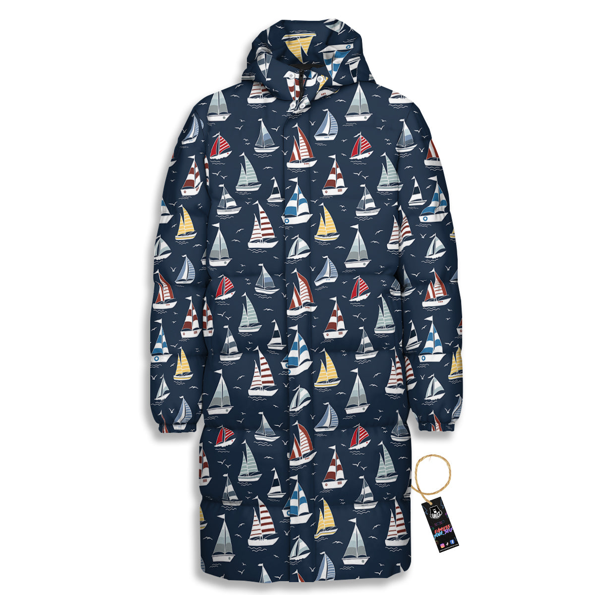 Boat On Sea Print Pattern Long Down Jacket-grizzshop