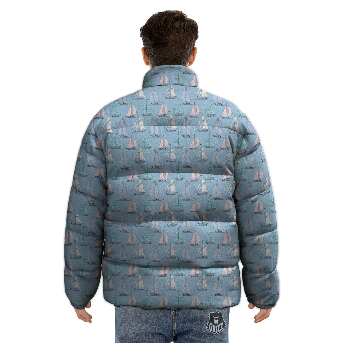 Boat Vintage Print Pattern Puffer Jacket-grizzshop
