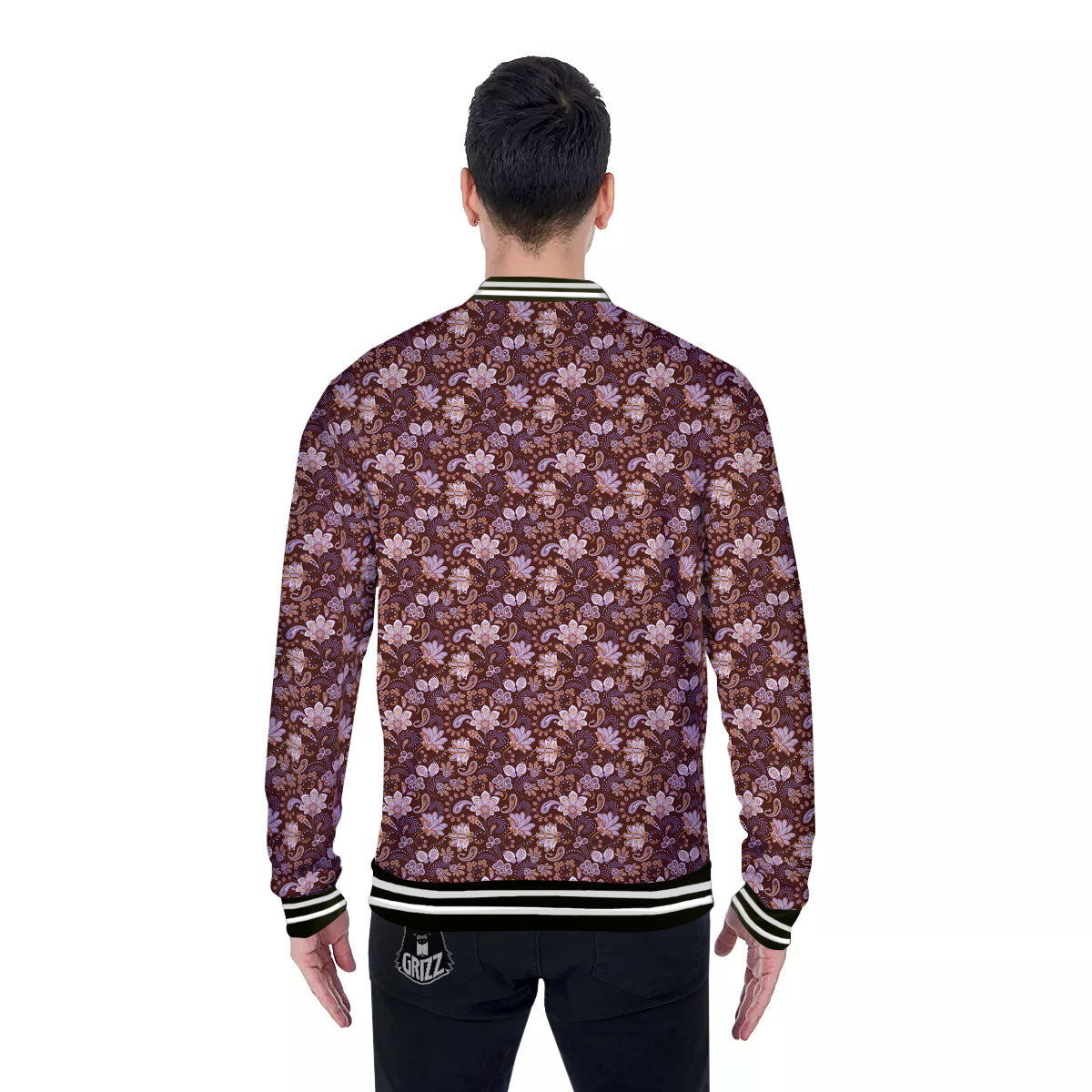 Bohemian Brown Floral Print Pattern Baseball Jacket-grizzshop