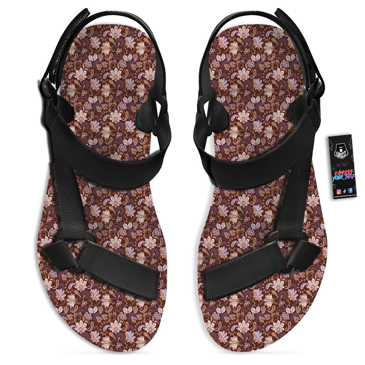 Bohemian Brown Floral Print Pattern Black Open Toe Sandals-grizzshop