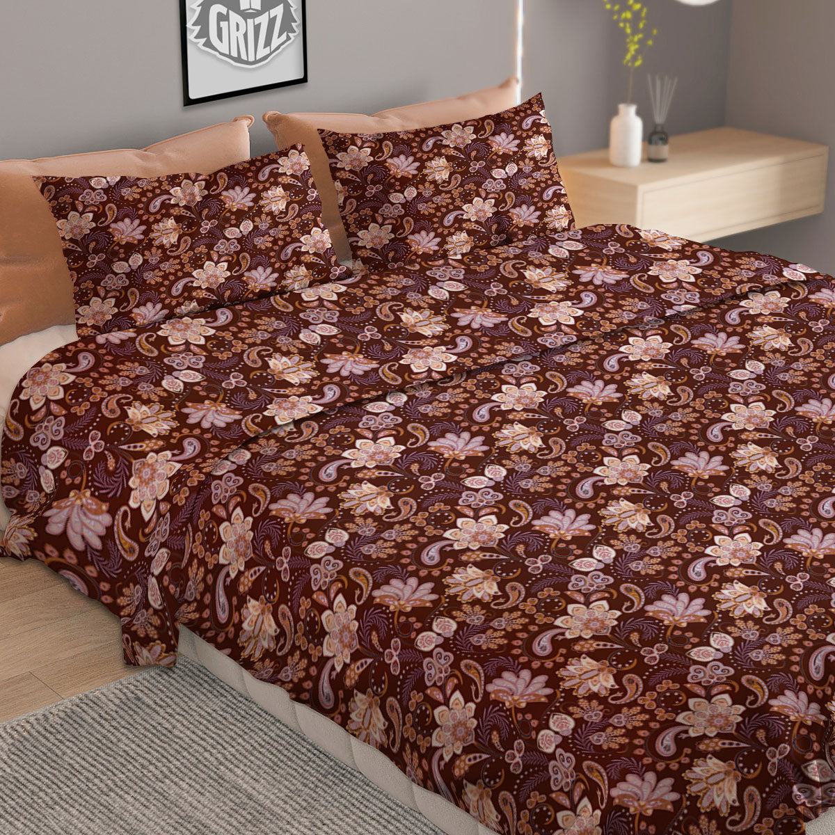 Boho Elephant Red And Gold Print Duvet Cover Bedding Set