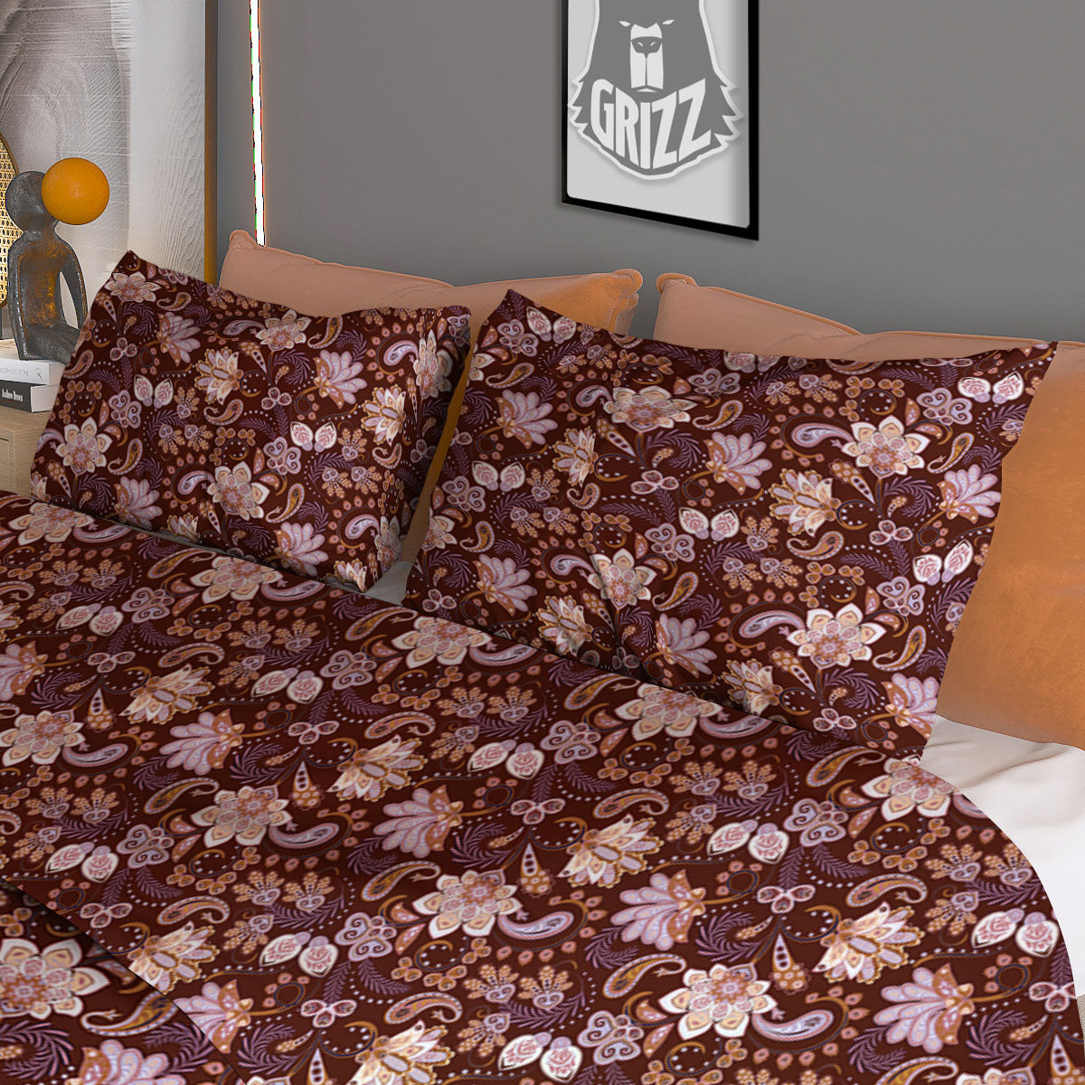 Boho Elephant Red And Gold Print Duvet Cover Bedding Set