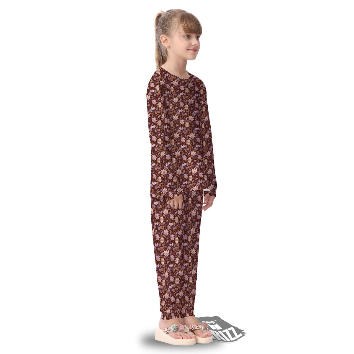 Bohemian Brown Floral Print Pattern Kid's Pajamas-grizzshop