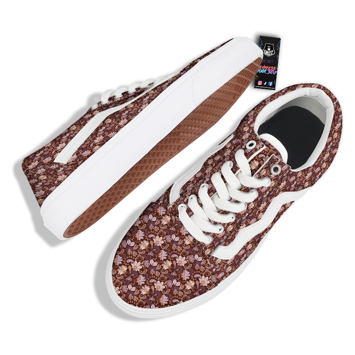 Bohemian Brown Floral Print Pattern Skate Shoes-grizzshop