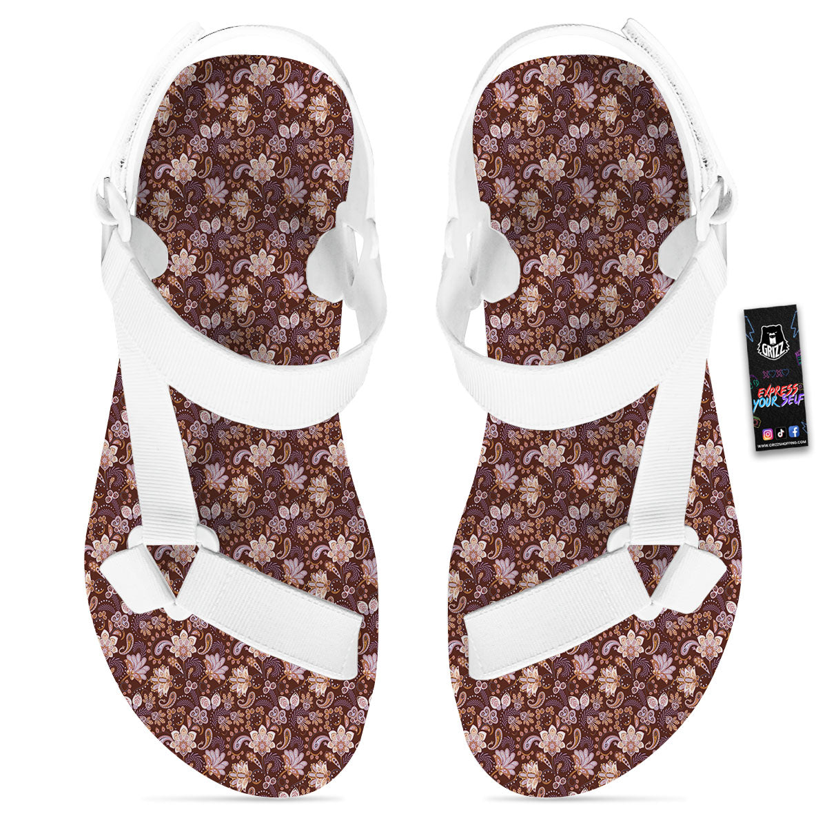 Bohemian Brown Floral Print Pattern White Open Toe Sandals-grizzshop