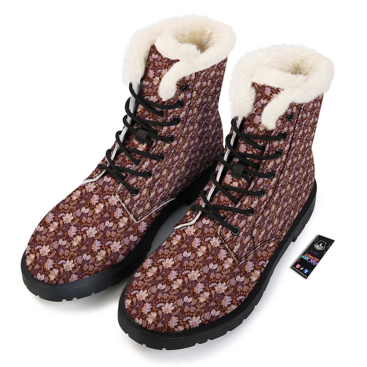 Bohemian Brown Floral Print Pattern Winter Boots-grizzshop