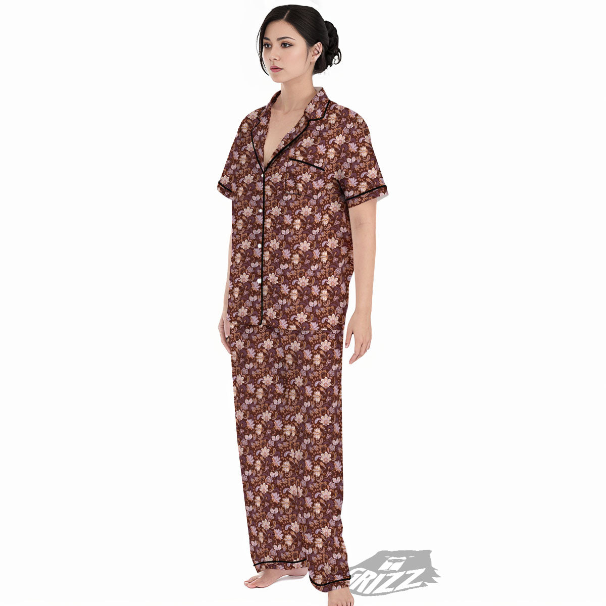 Bohemian Brown Floral Print Pattern Women's Pajamas Set-grizzshop