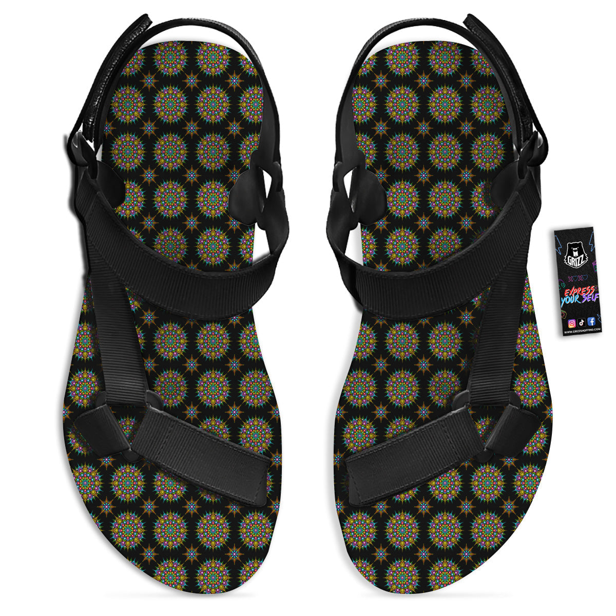 Bohemian Colorful Mandala Print Pattern Black Open Toe Sandals-grizzshop