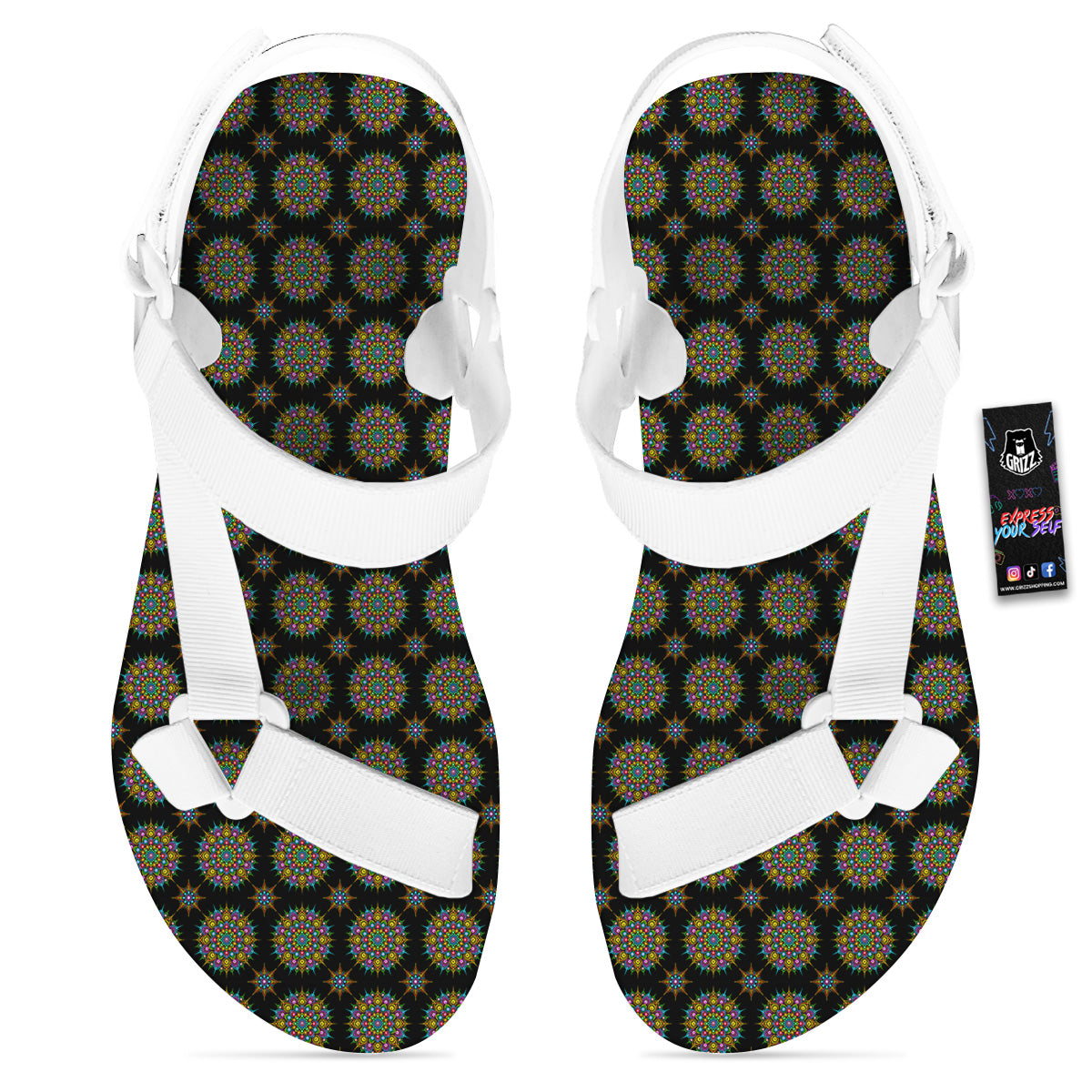 Bohemian Colorful Mandala Print Pattern White Open Toe Sandals-grizzshop