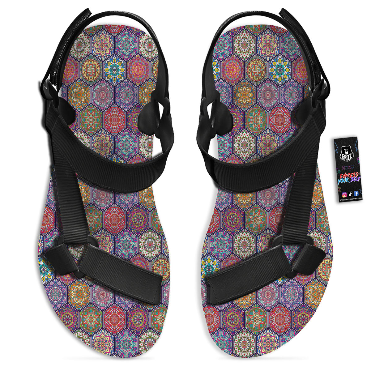 Bohemian Ethnic Mandala Print Pattern Black Open Toe Sandals-grizzshop