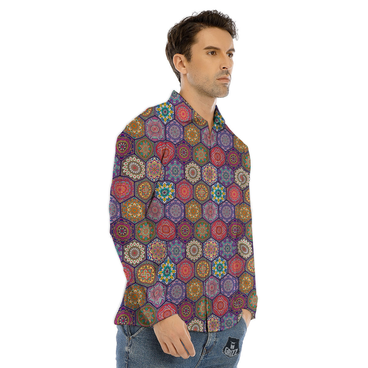 Bohemian Ethnic Mandala Print Pattern Men's Dress Shirts-grizzshop