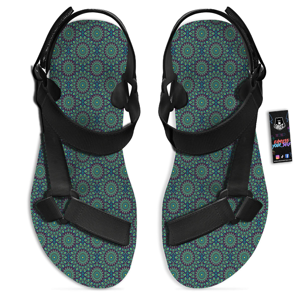 Bohemian Ethnic Teal Print Pattern Black Open Toe Sandals-grizzshop