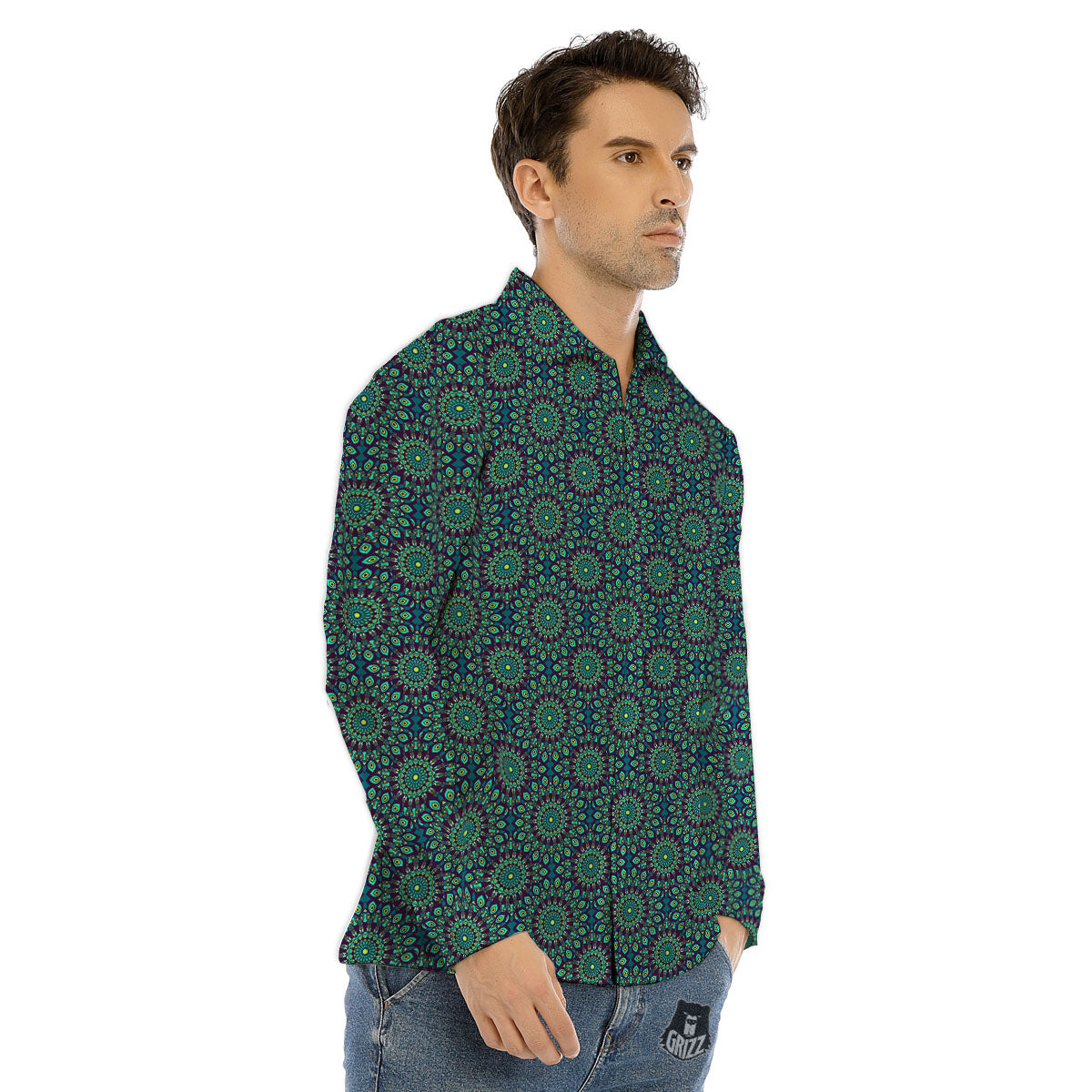 Bohemian Ethnic Teal Print Pattern Men's Dress Shirts-grizzshop