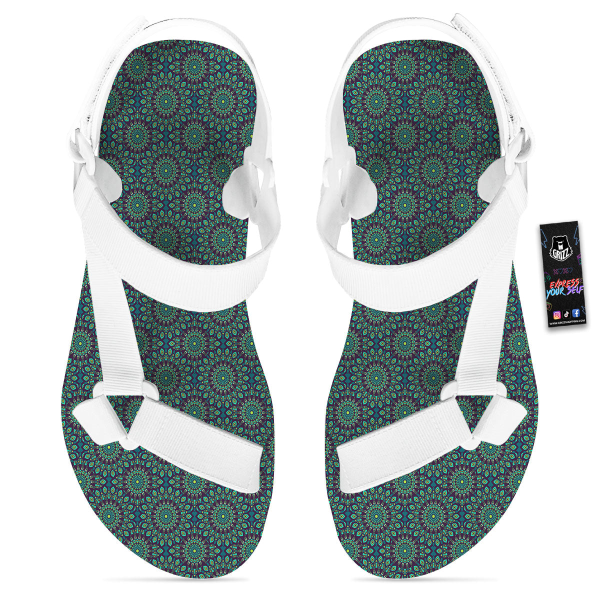 Bohemian Ethnic Teal Print Pattern White Open Toe Sandals-grizzshop