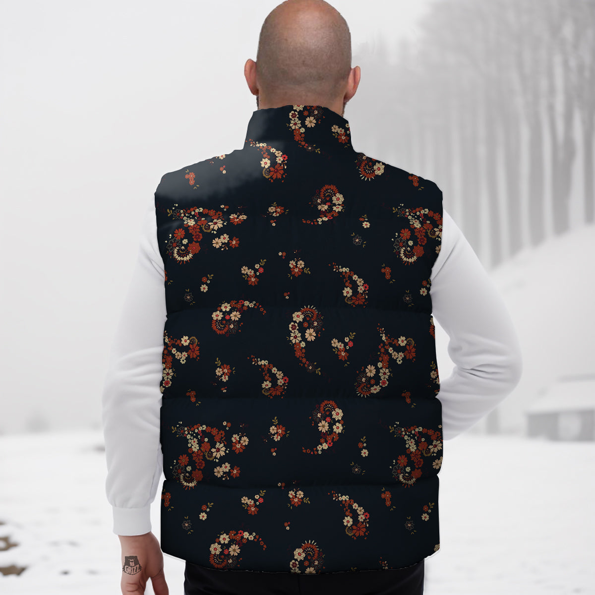 Bohemian Floral Blue Orange Vintage Print Pattern Down Vest