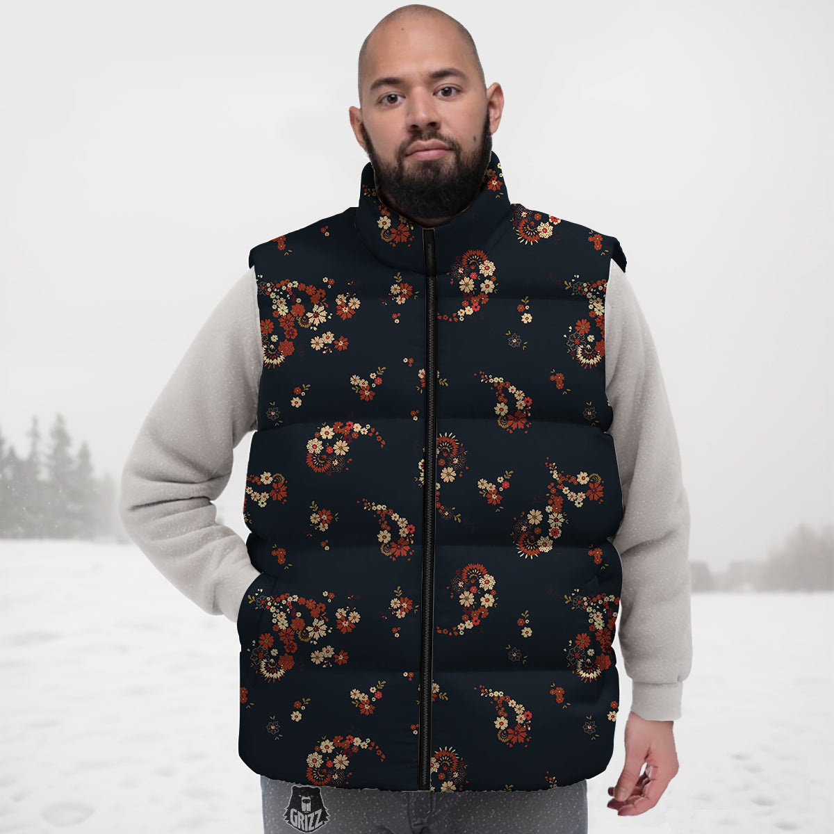 Bohemian Floral Blue Orange Vintage Print Pattern Down Vest