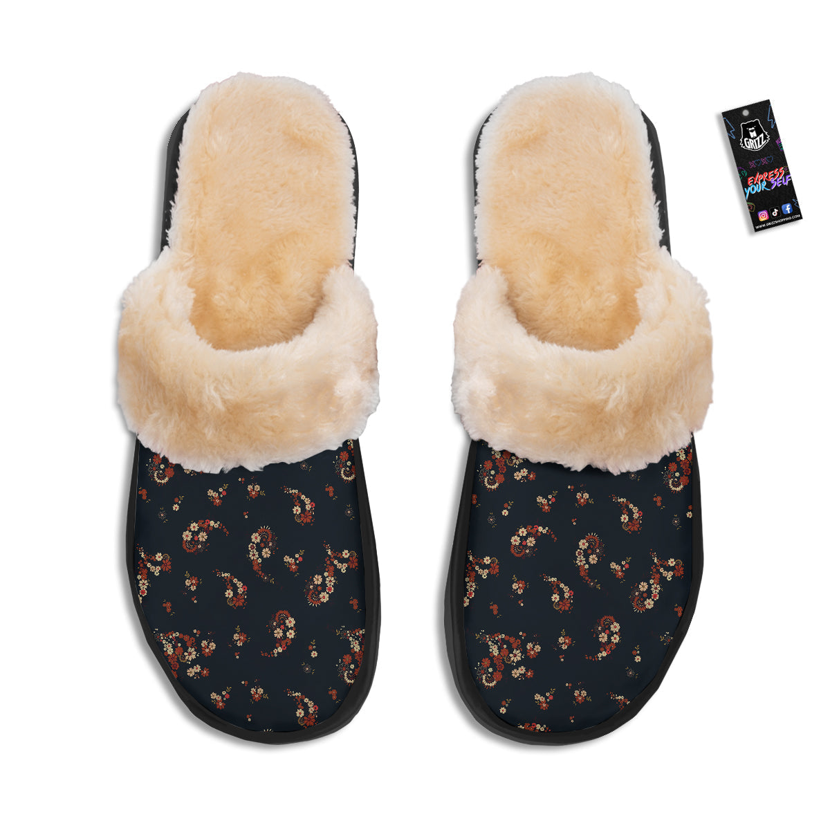 Bohemian Floral Blue Orange Vintage Print Pattern Slippers-grizzshop
