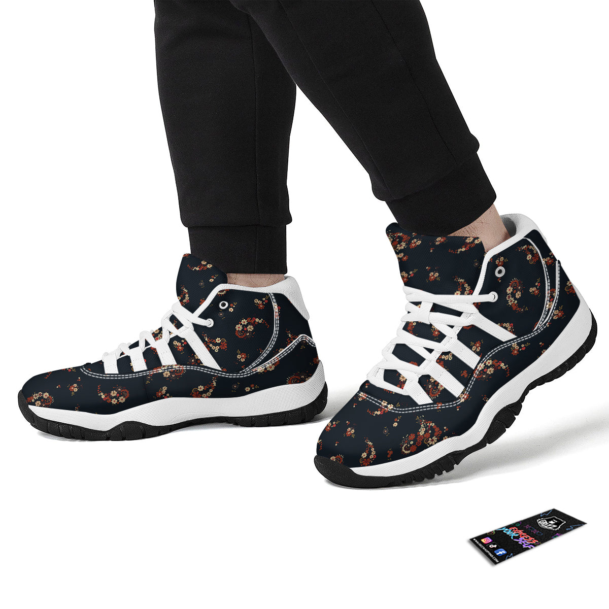 Bohemian Floral Blue Orange Vintage Print Pattern White Bball Shoes-grizzshop