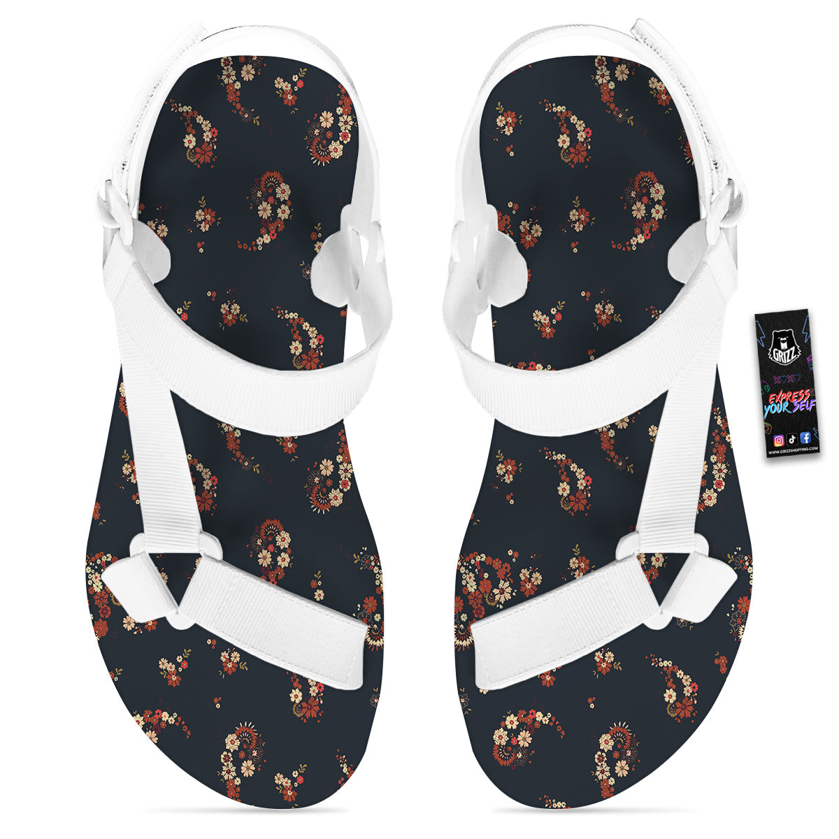 Bohemian Floral Blue Orange Vintage Print Pattern White Open Toe Sandals-grizzshop