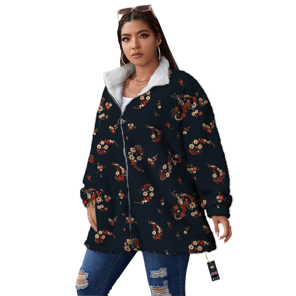 Bohemian Floral Blue Orange Vintage Print Pattern Women's Sherpa Jacket-grizzshop