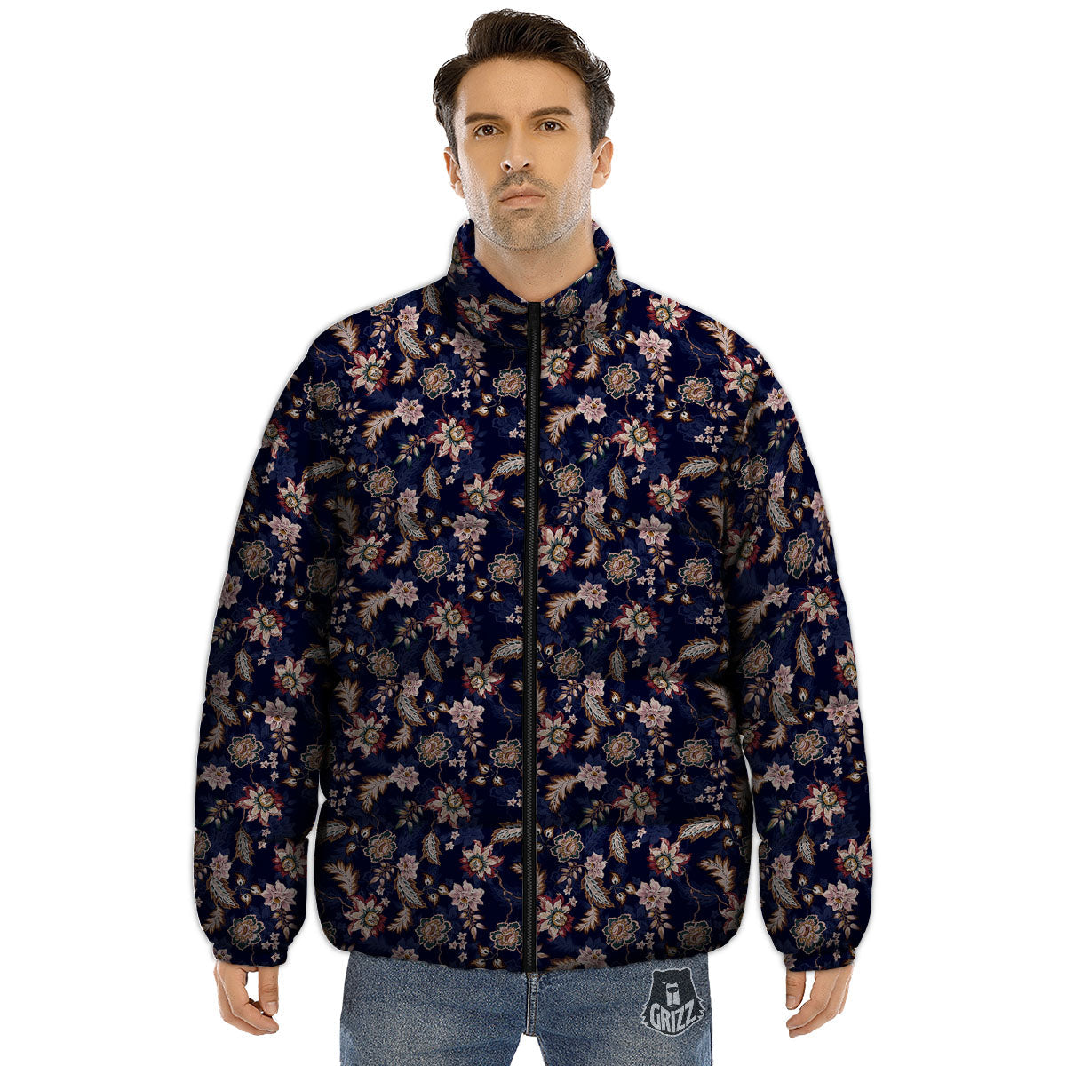 Bohemian Floral Blue Vintage Print Puffer Jacket-grizzshop