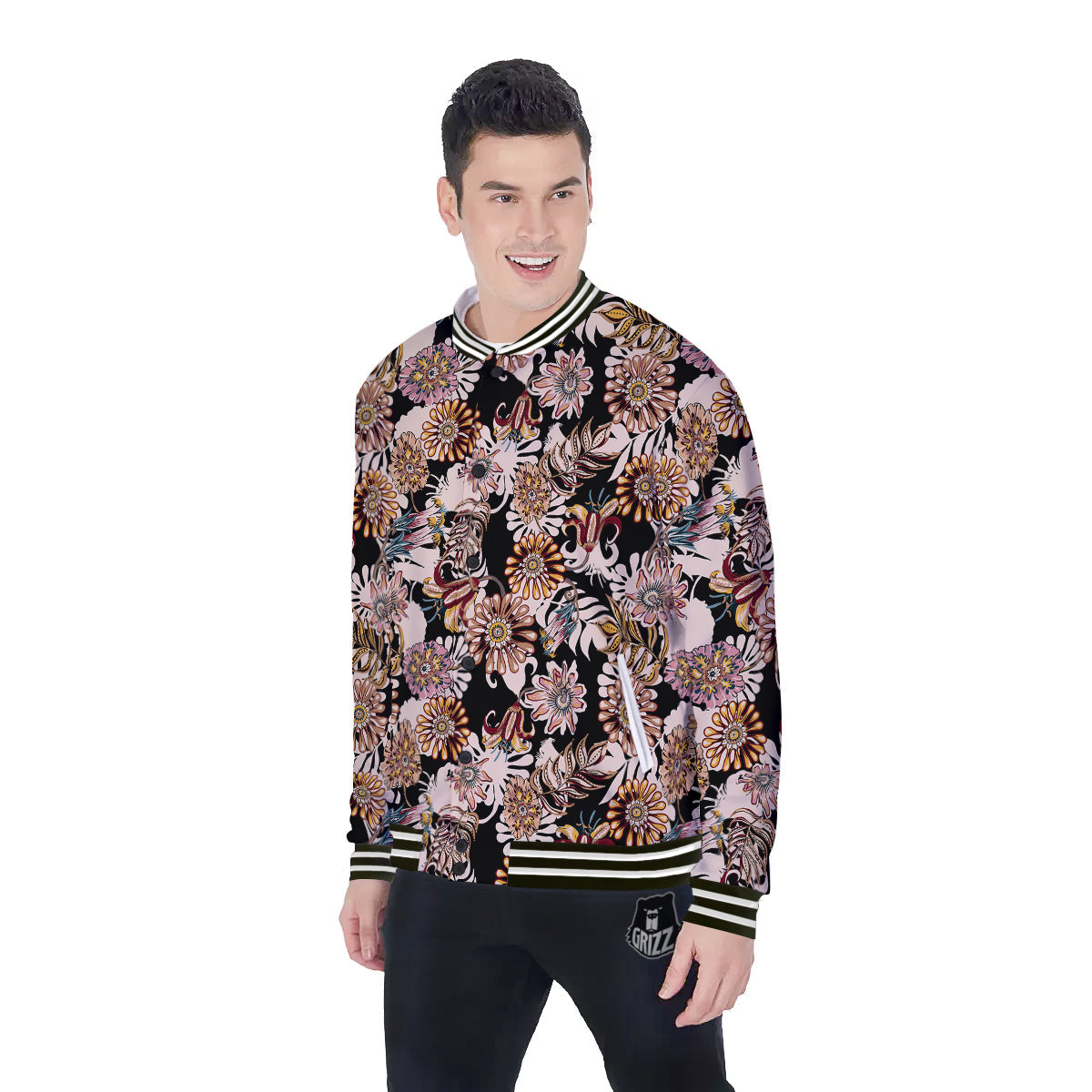 Bohemian Floral Brown Vintage Print Pattern Baseball Jacket-grizzshop