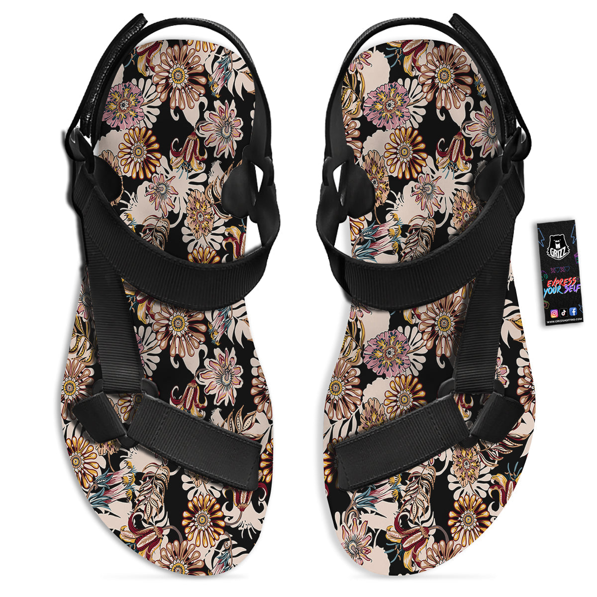 Bohemian Floral Brown Vintage Print Pattern Black Open Toe Sandals-grizzshop