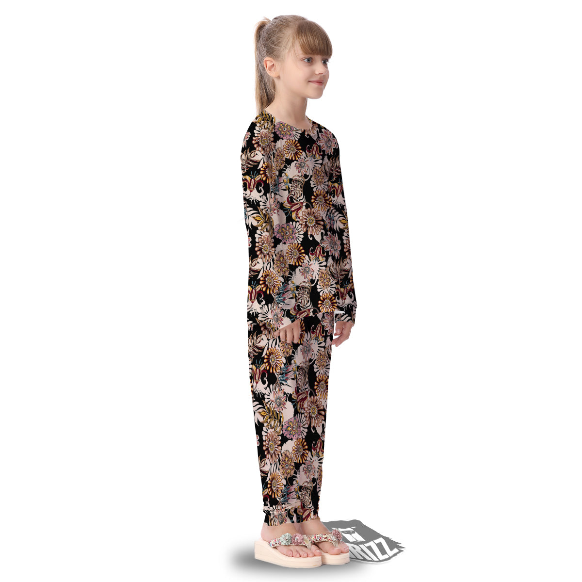Bohemian Floral Brown Vintage Print Pattern Kid's Pajamas-grizzshop