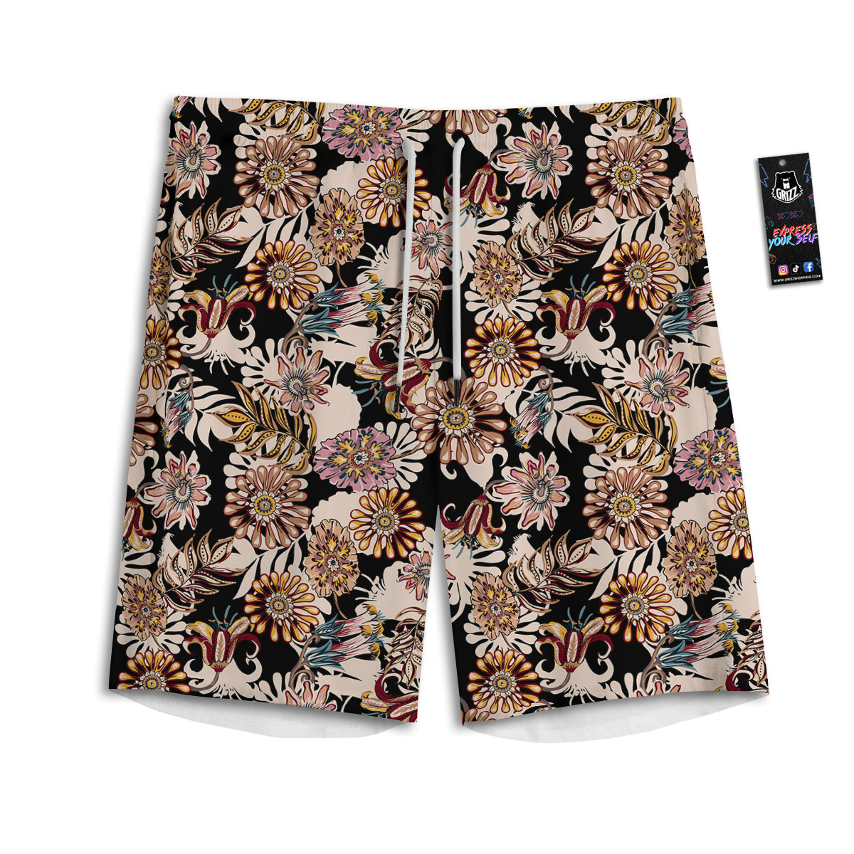 Bohemian Floral Brown Vintage Print Pattern Men's Athletic Shorts