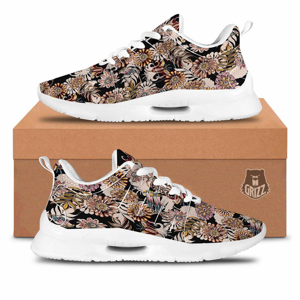 Bohemian Floral Brown Vintage Print Pattern Tennis Shoes-grizzshop