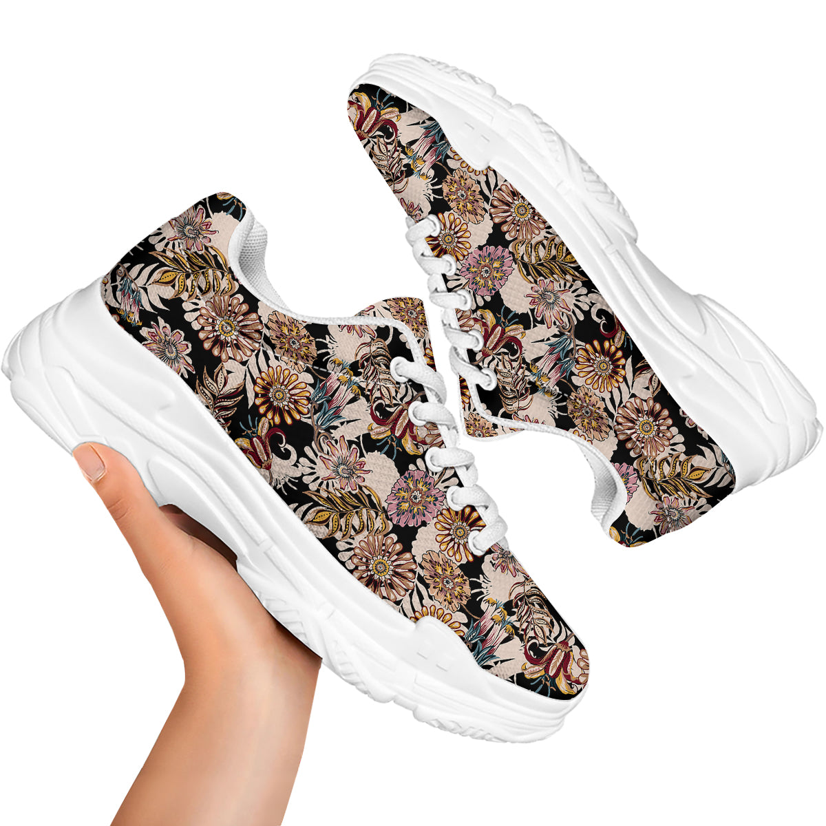 Bohemian Floral Brown Vintage Print Pattern White Chunky Shoes-grizzshop