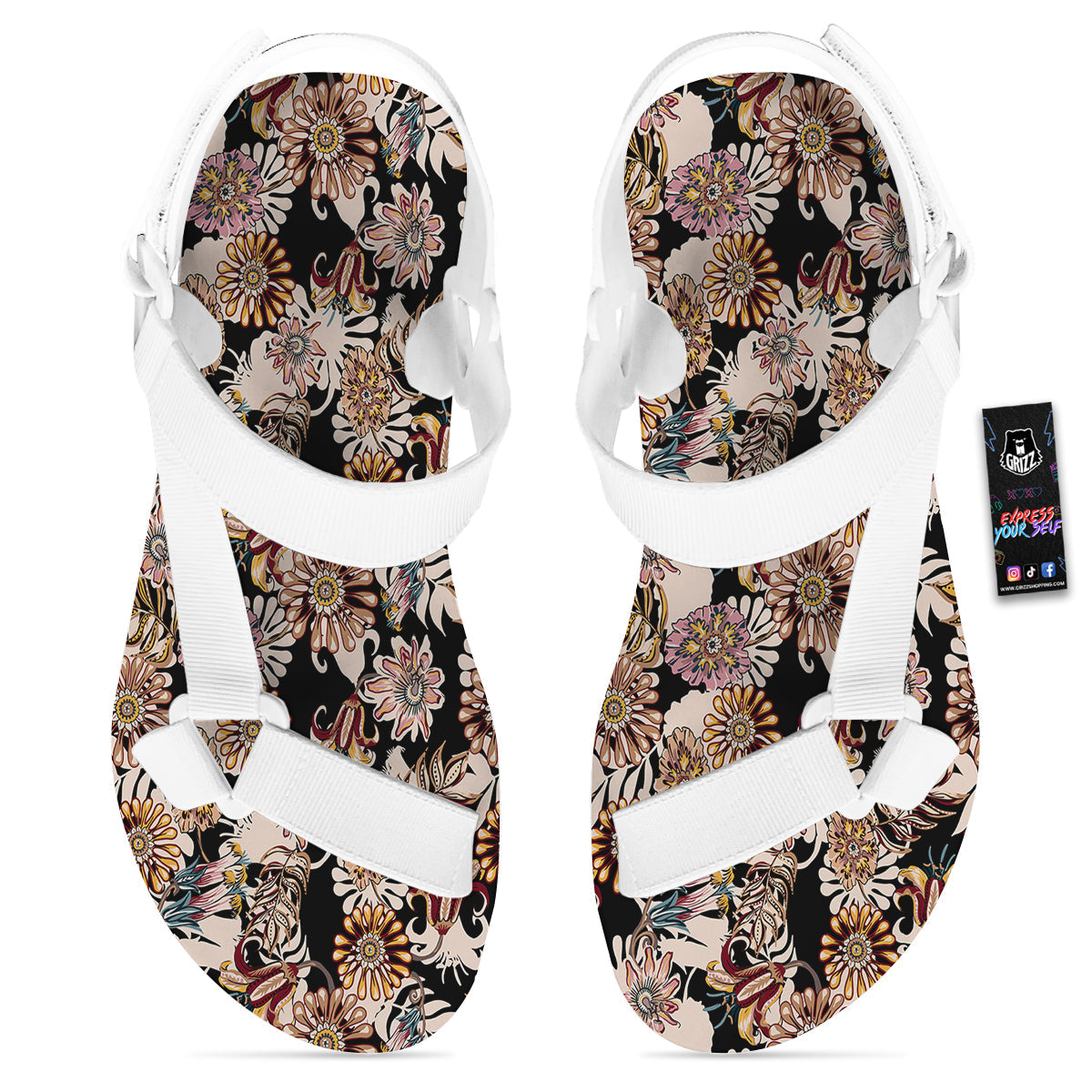 Bohemian Floral Brown Vintage Print Pattern White Open Toe Sandals-grizzshop