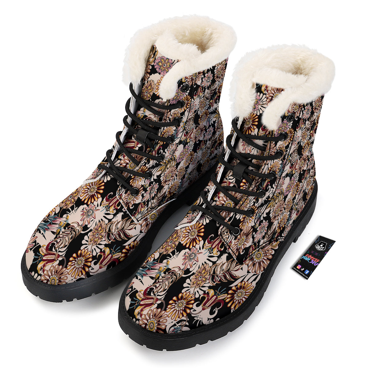 Bohemian Floral Brown Vintage Print Pattern Winter Boots-grizzshop