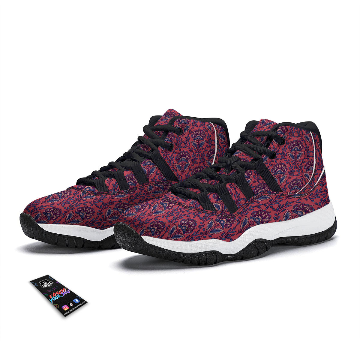 Bohemian Floral Maroon Vintage Print Pattern Black Bball Shoes-grizzshop