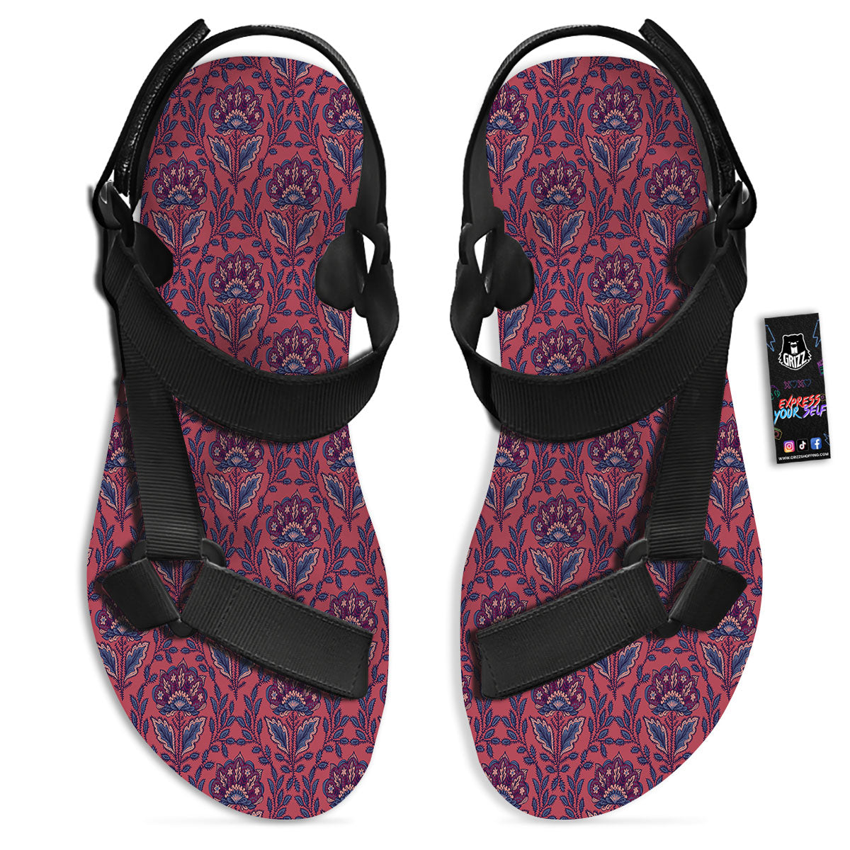 Bohemian Floral Maroon Vintage Print Pattern Black Open Toe Sandals-grizzshop