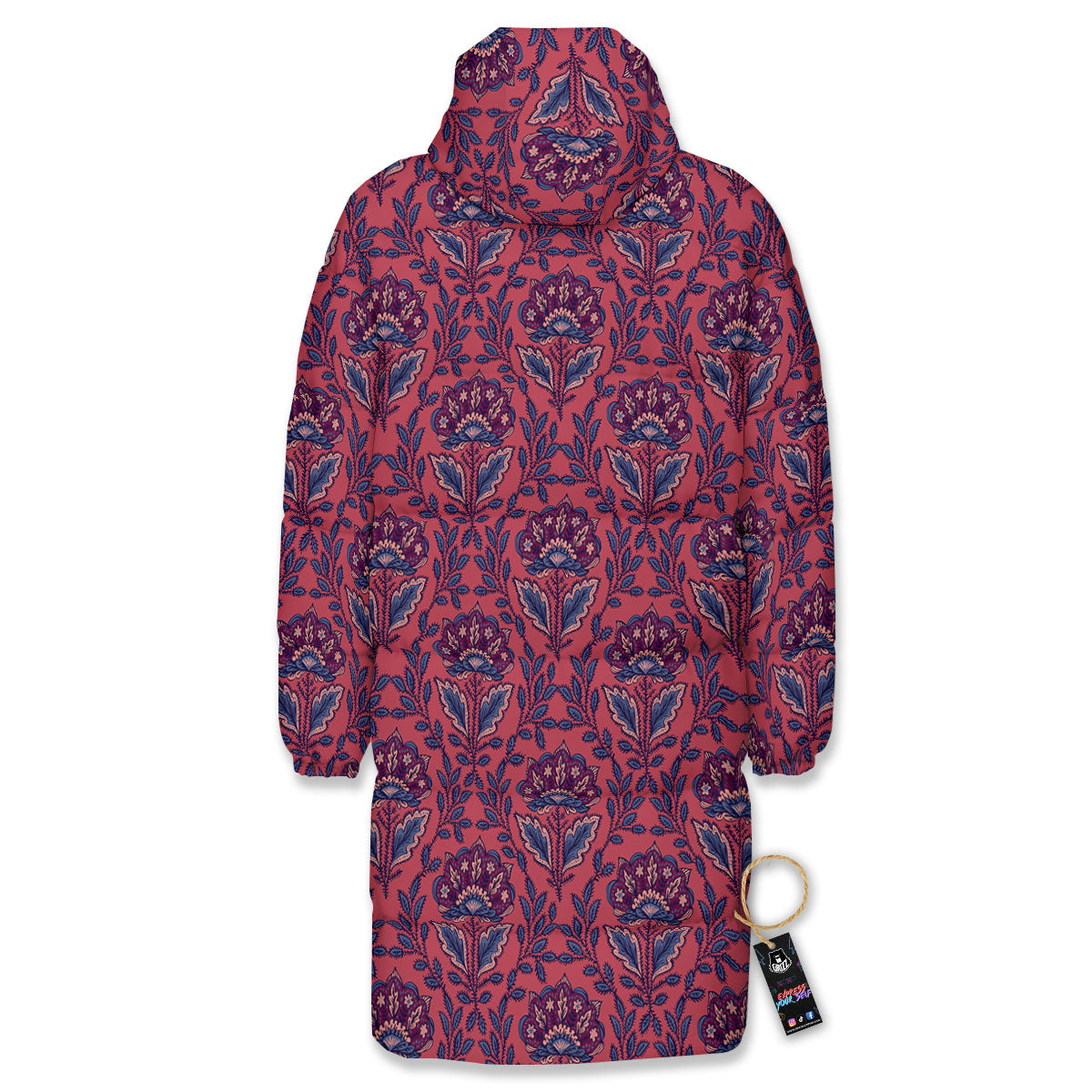Bohemian Floral Maroon Vintage Print Pattern Long Down Jacket-grizzshop