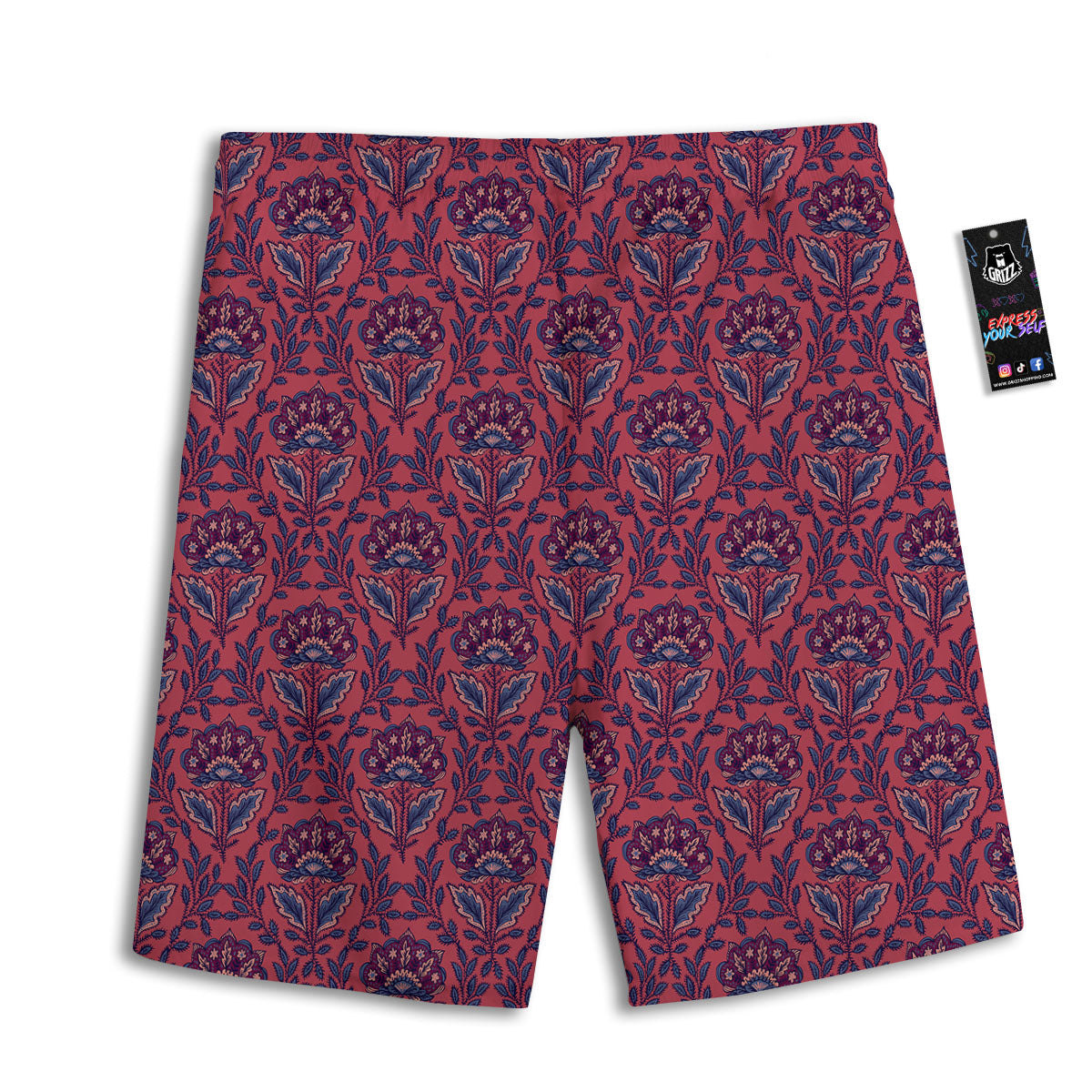 Bohemian Floral Maroon Vintage Print Pattern Men's Athletic Shorts