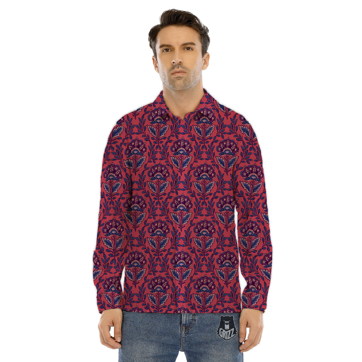 Bohemian Floral Maroon Vintage Print Pattern Men's Dress Shirts-grizzshop