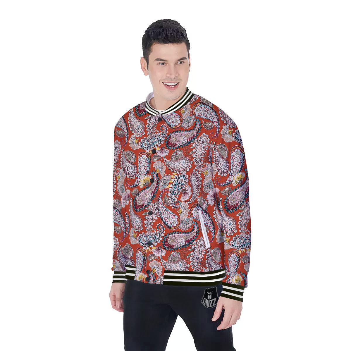 Bohemian Floral Orange Print Pattern Baseball Jacket-grizzshop