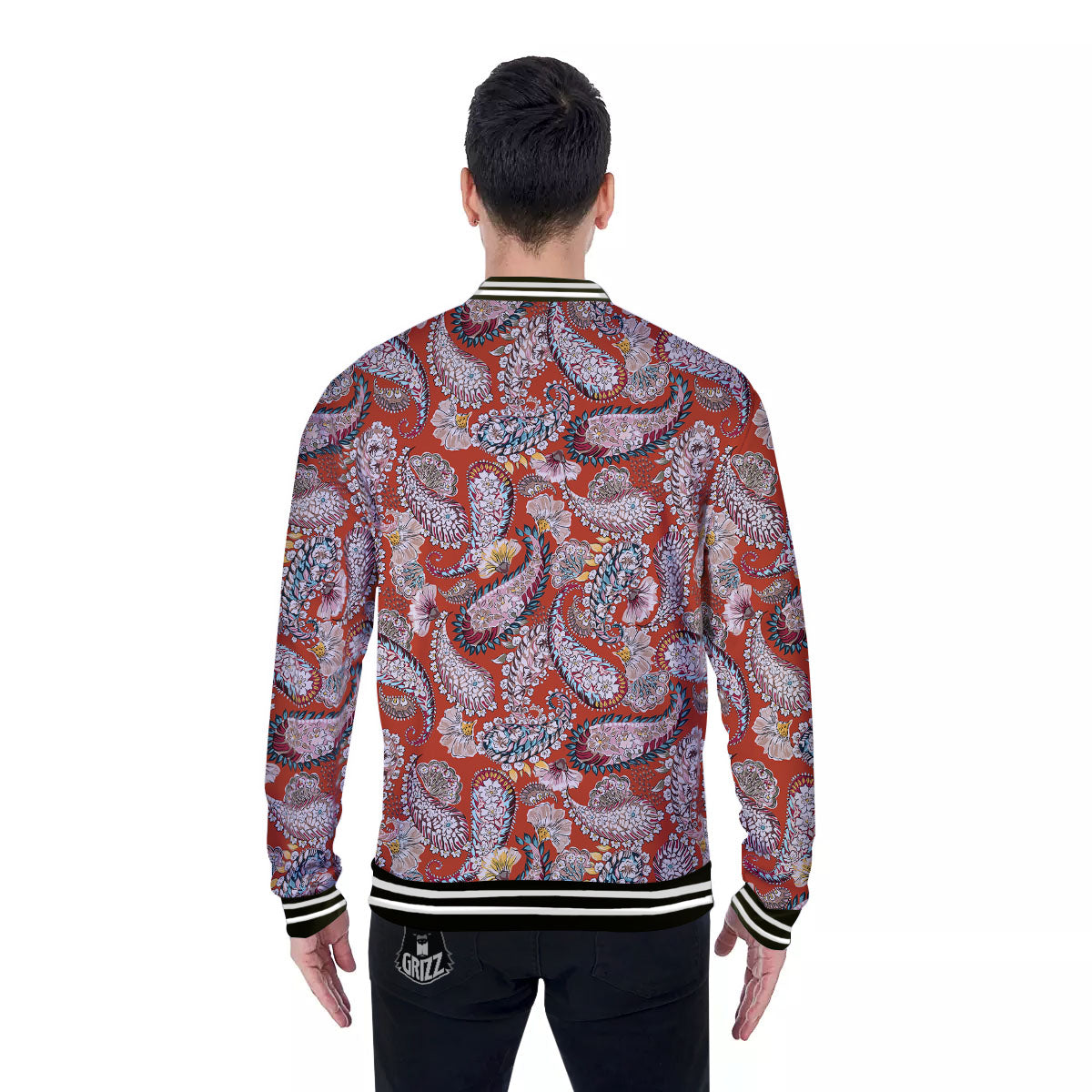 Bohemian Floral Orange Print Pattern Baseball Jacket-grizzshop