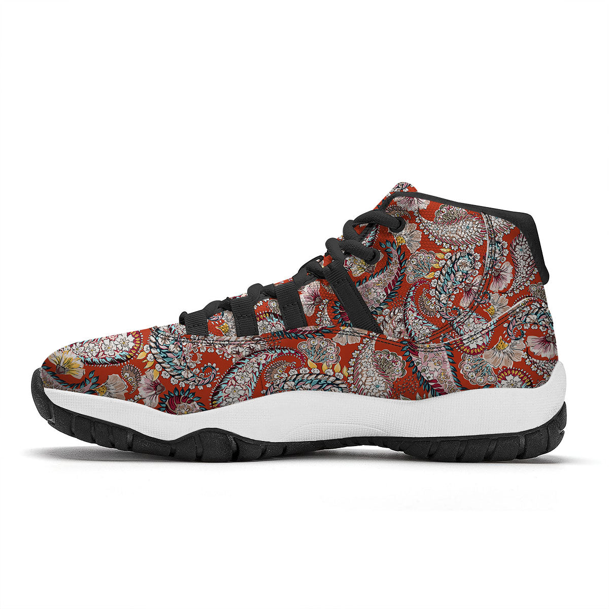 Bohemian Floral Orange Print Pattern Black Bball Shoes-grizzshop