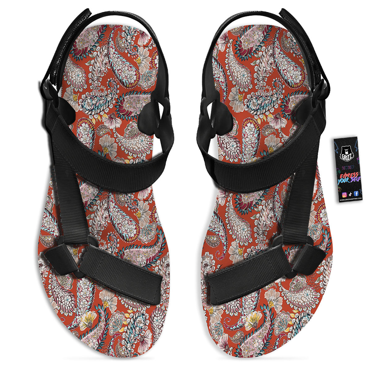 Bohemian Floral Orange Print Pattern Black Open Toe Sandals-grizzshop